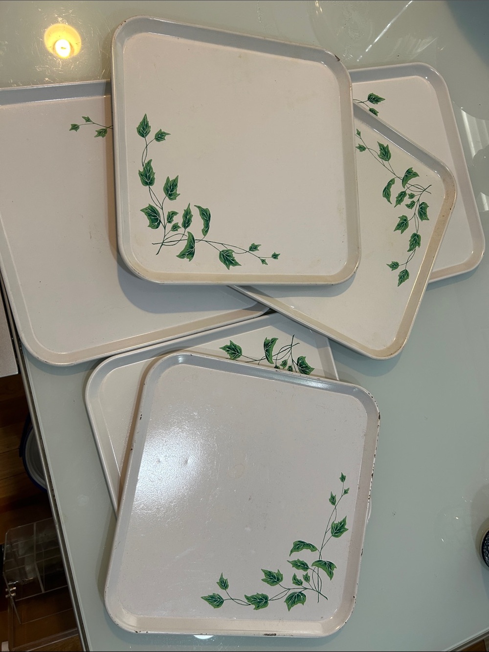 Set of 6 vintage MCM  White Trays  with Green Ivy Motif Serv a Dish